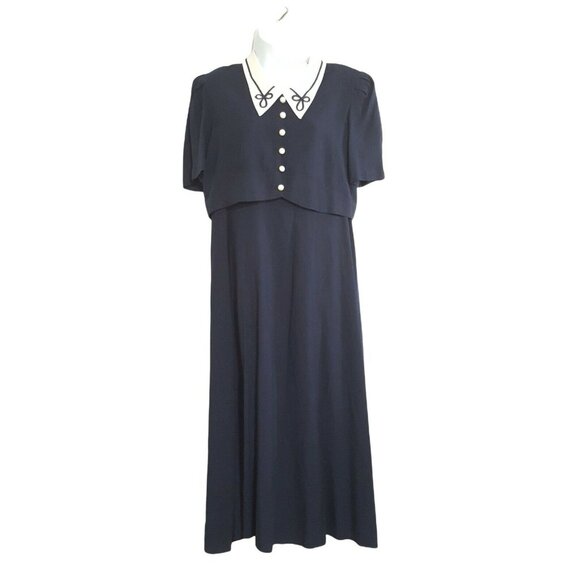 Vintage Womens Dress L Navy Blue White Piping Long Pearl Buttons Cottage core - Picture 1 of 9